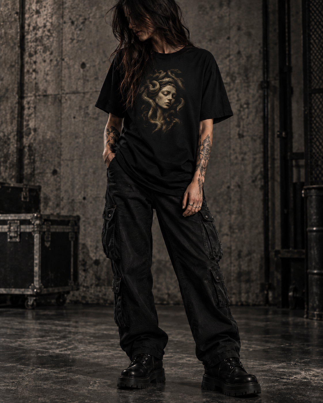 Remera negra con el diseño Gorgona