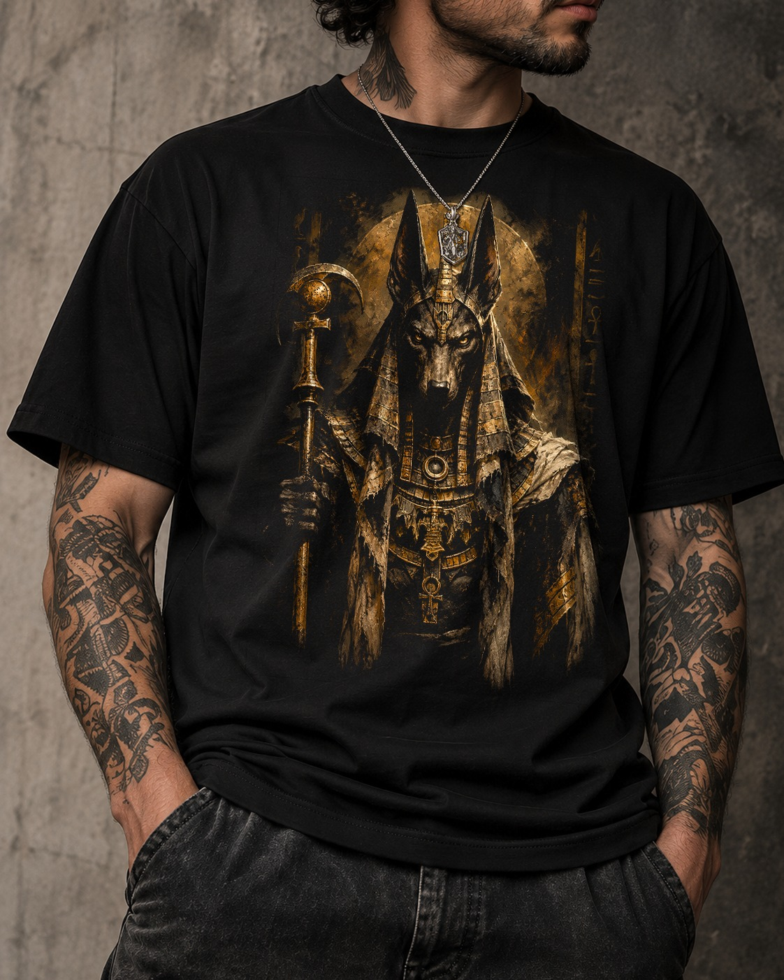 Remera negra con diseño Anubis
