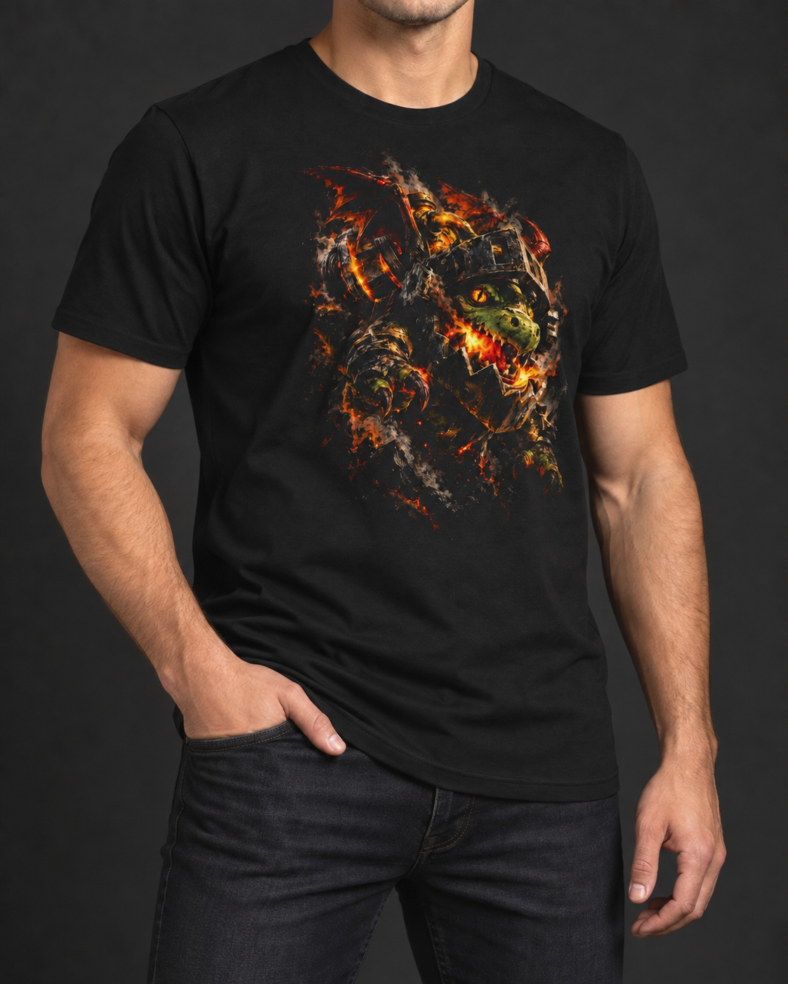 Remera negra con el diseño Fauces de Fuego