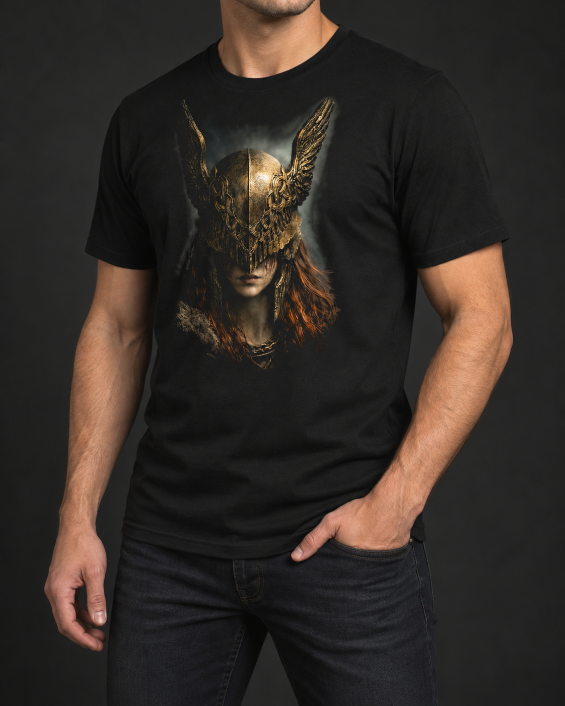 Remera negra con el diseño Valkiria Carmesí