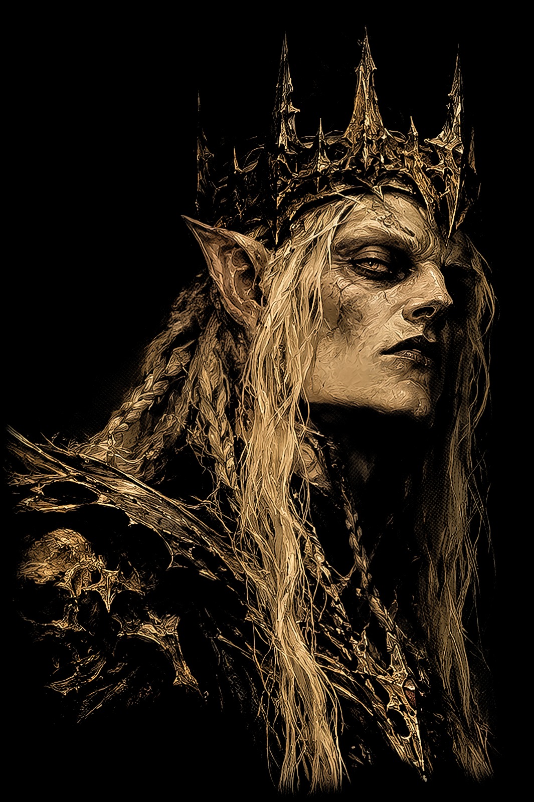 Arte de SANGRE ANTIGUA: figura coronada de rasgos élficos