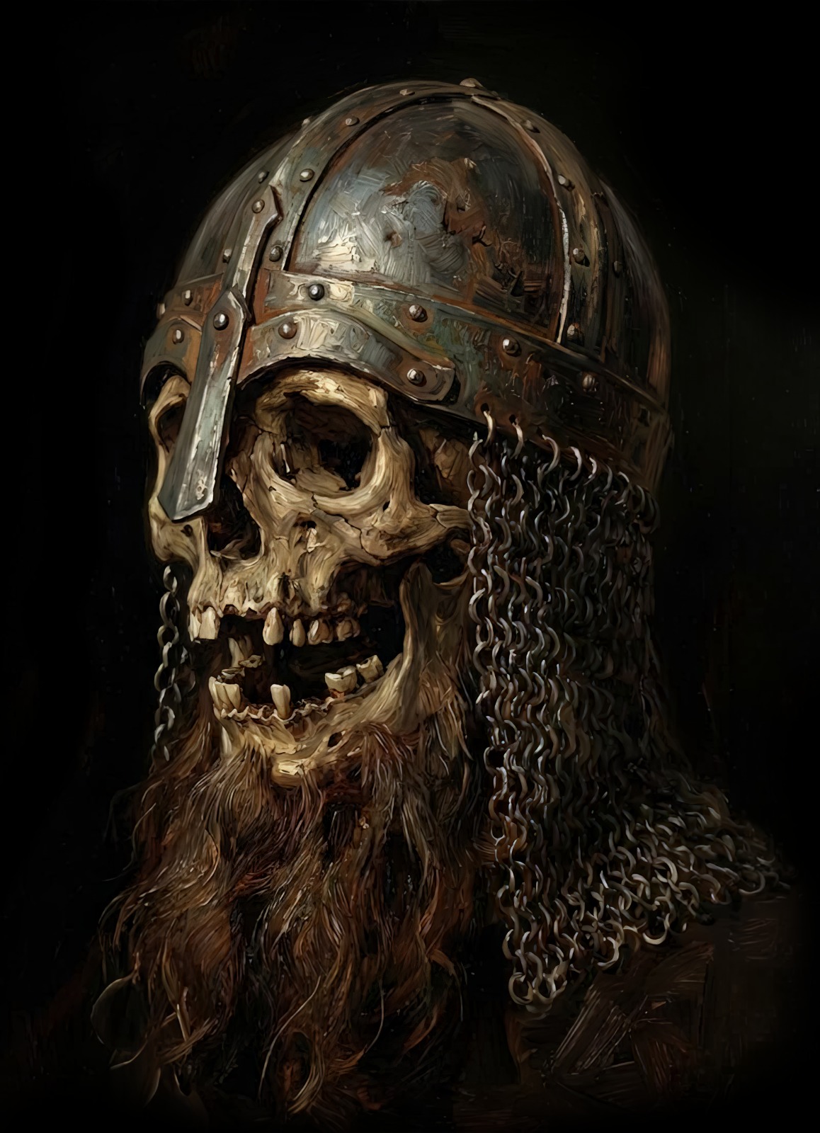 Arte de ULTIMA GUARDIA: calavera con casco nasal y cota de malla