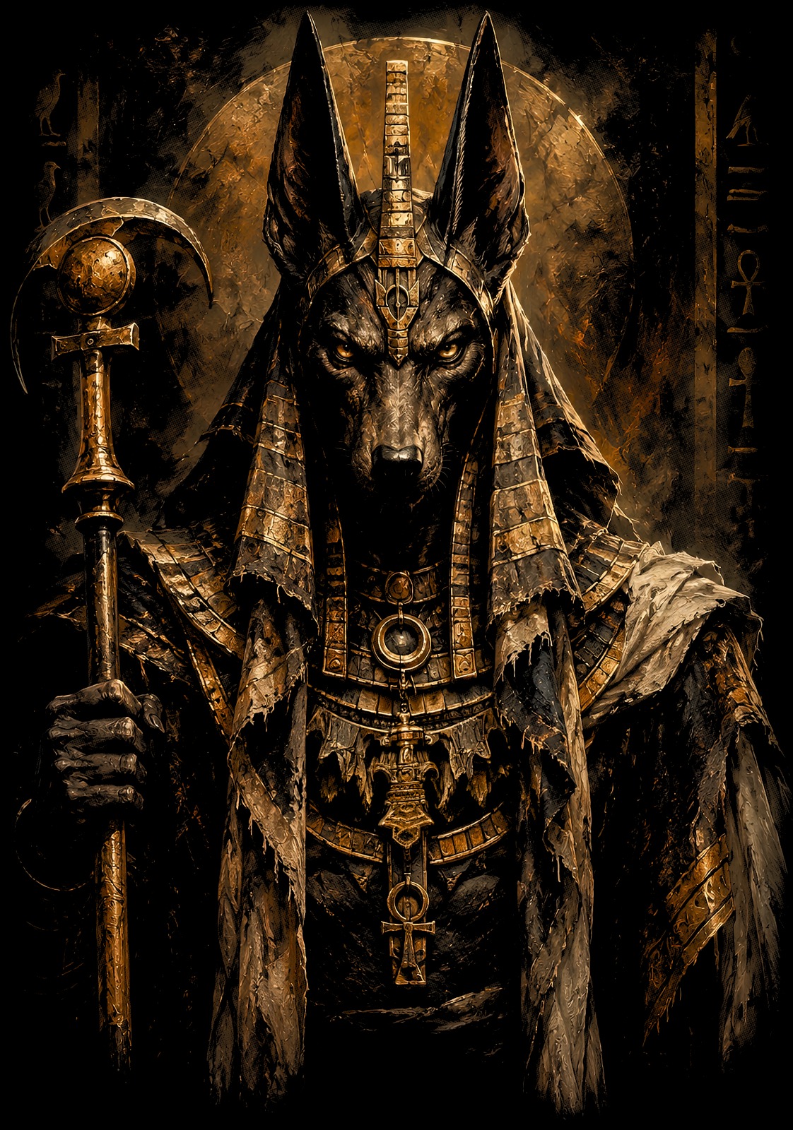 ANUBIS: figura egipcia con cabeza de chacal, tocado y cetro